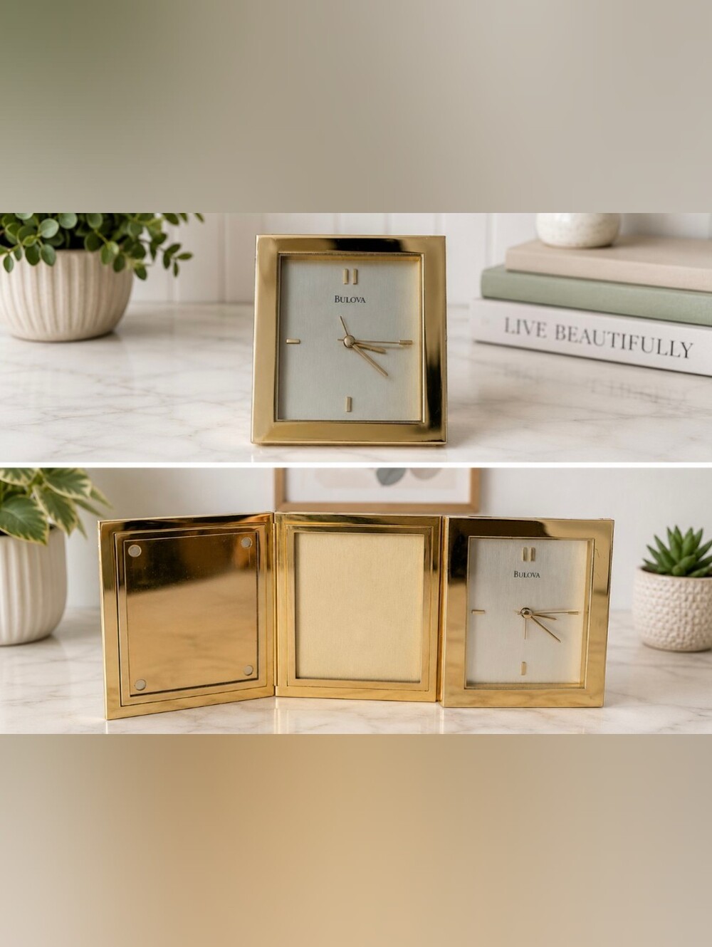 Bulova Gold Folding Frame Clock with Silver Dial